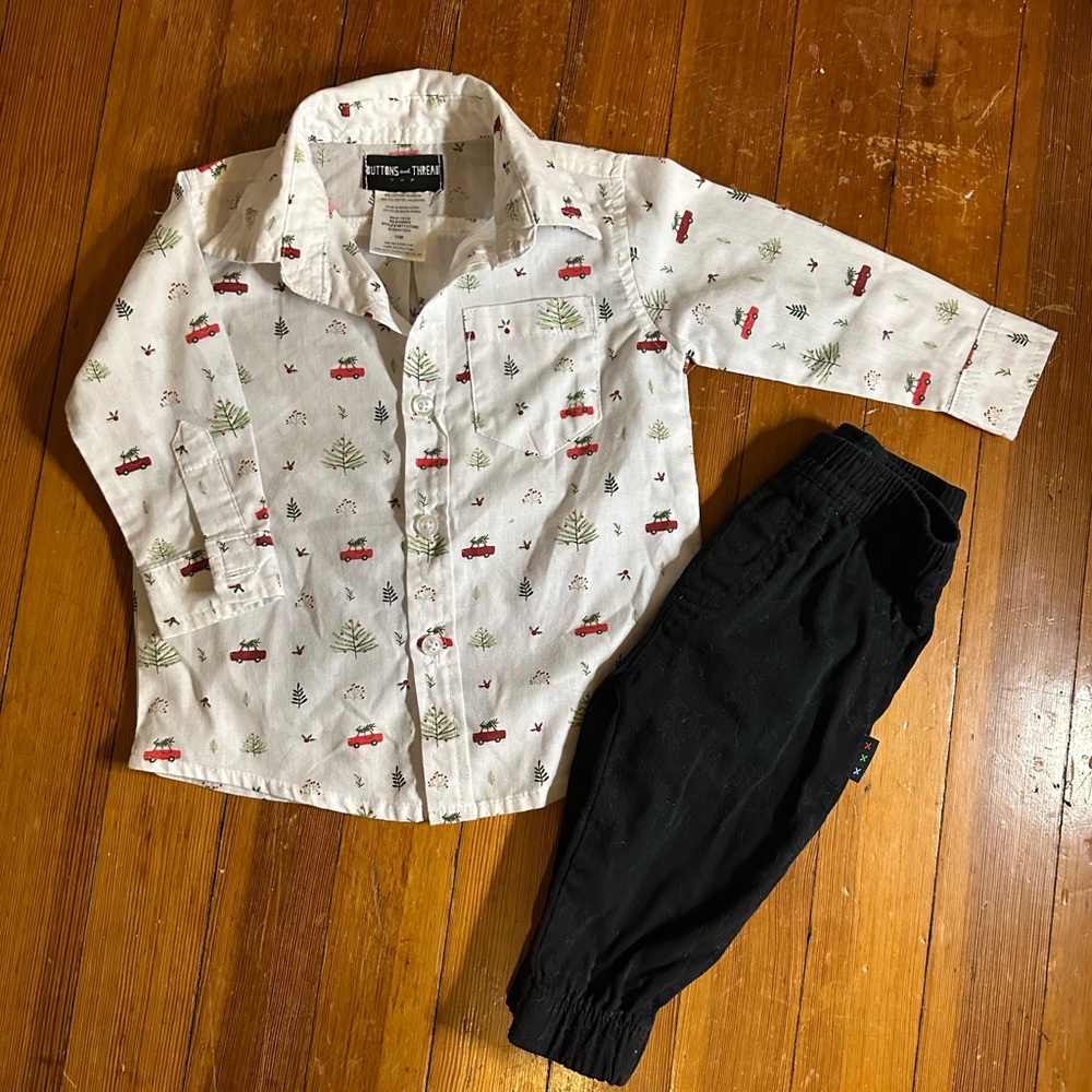 12 Month Boys Matching Set with Festive Car and Tree Print Shirt and Black Pants